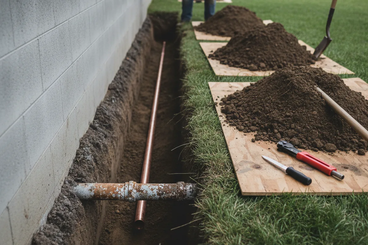 Excavated water line trench during Sewer Line Repair in Nicolaus